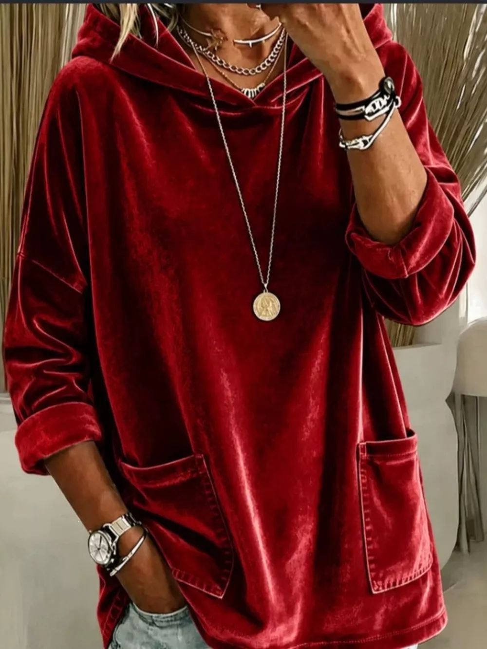 Velvet Front Pockets Hoodie, image 5