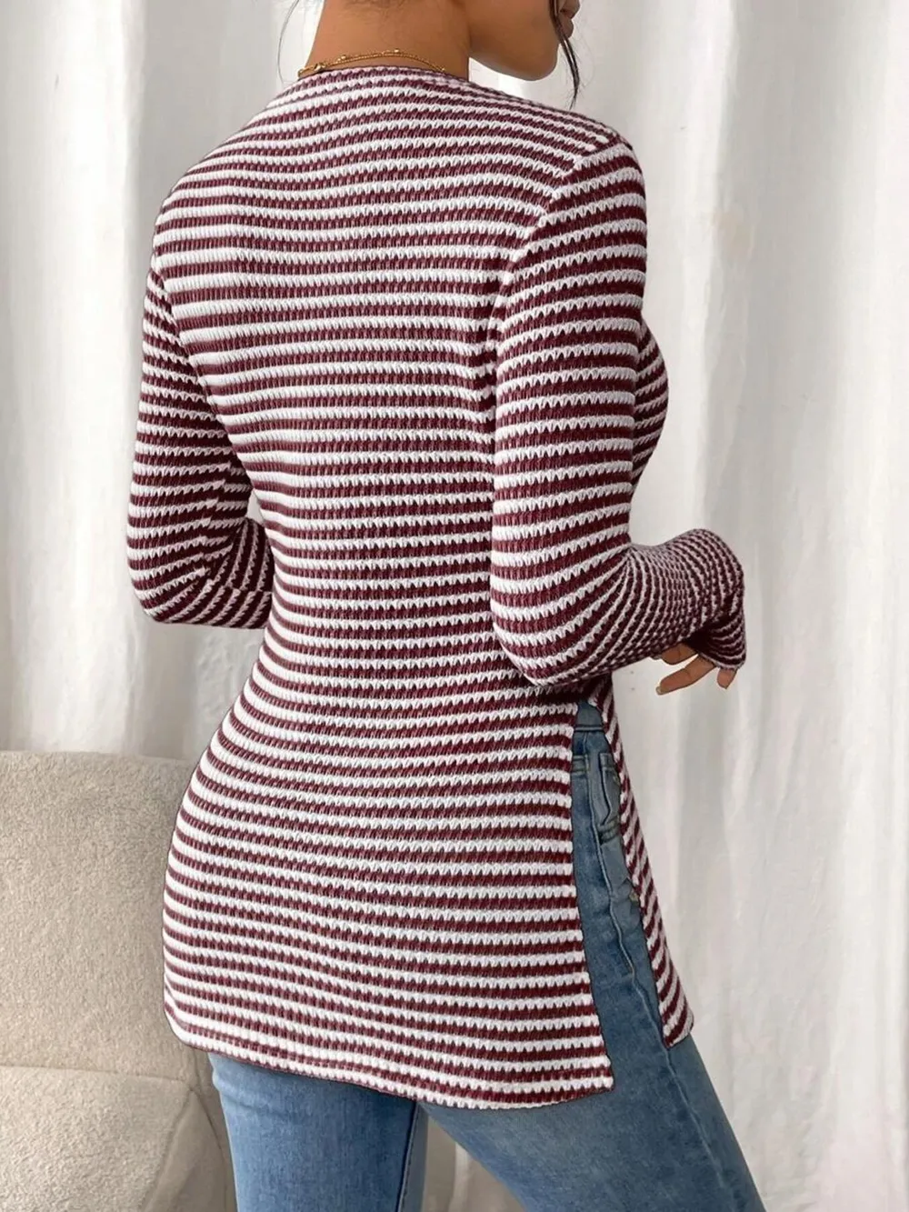 Side Slit Striped Long Sleeve T-Shirt, image 18