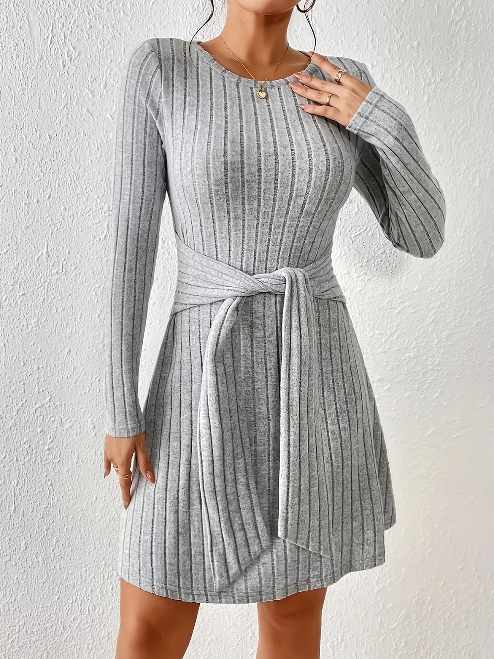 Ribbed Knit Tie Waist Long Sleeve Casual Dress, image 3