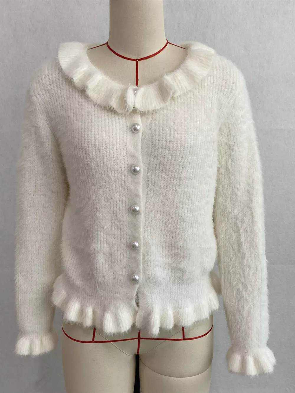 Soft Fuzzy Cardigan with Ruffled Collar and Pearl Buttons, image 11