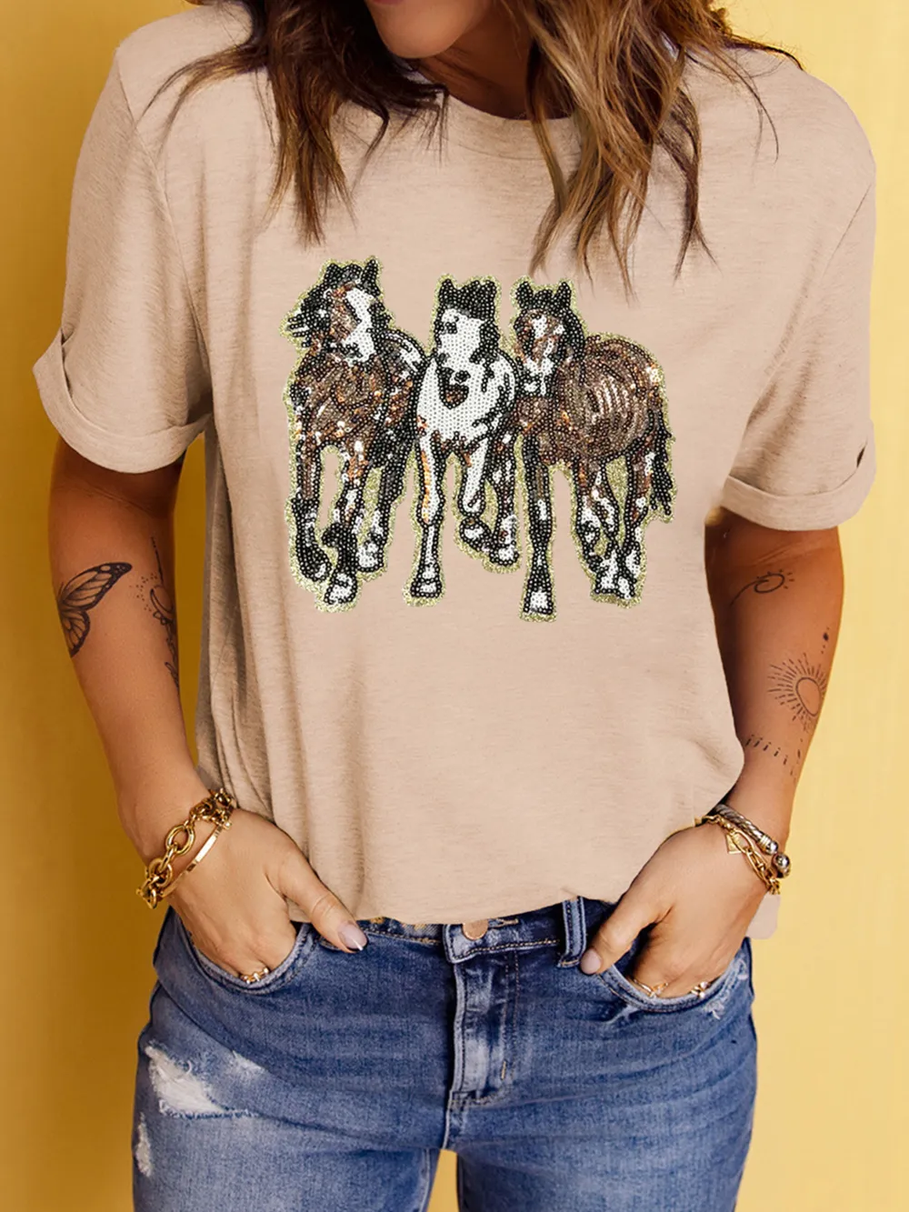 Sequin Horses Patched Casual Crewneck T Shirt, image 4