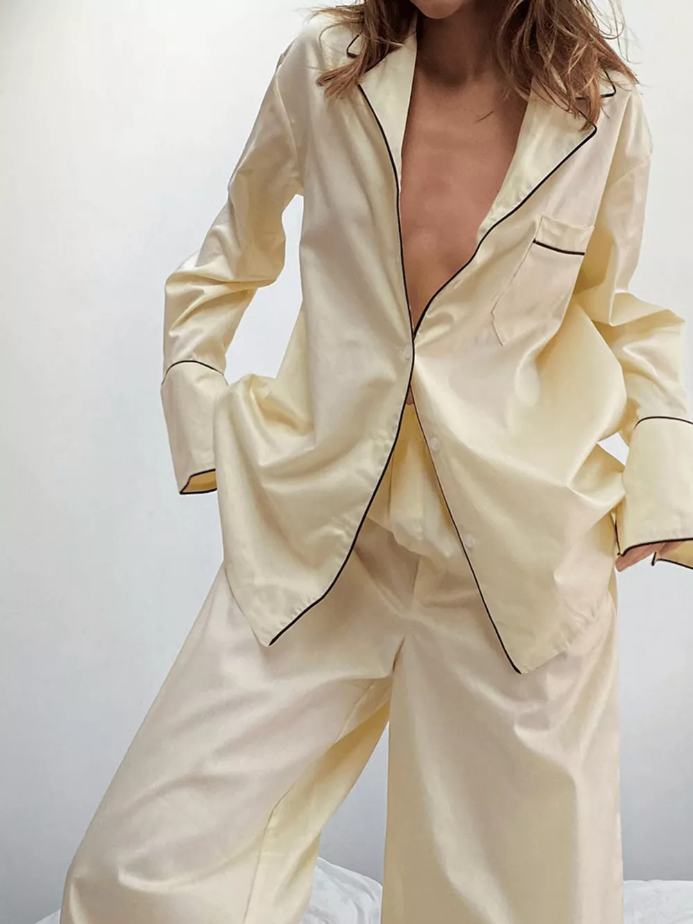Contrast Trim Button Up Top and Pants Lounge Set