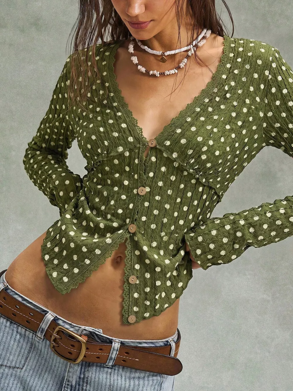 Polka Dot Button Down Textured Long Sleeve Blouse, image 4