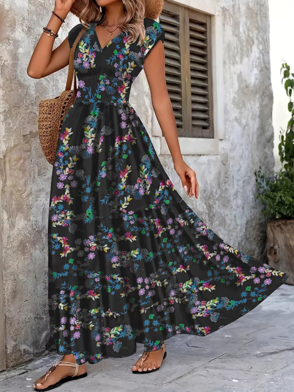 Plus Size Floral V-Neck Cap Sleeve Maxi Dress, image 7