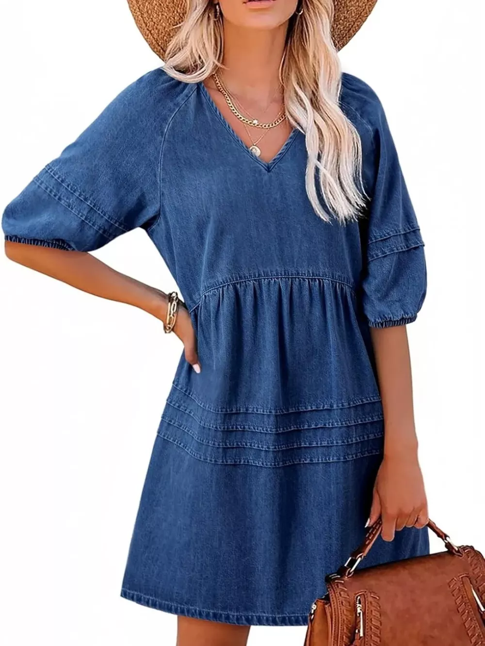 Casual V-Neck Puff Sleeve Denim Mini Dress, image 13