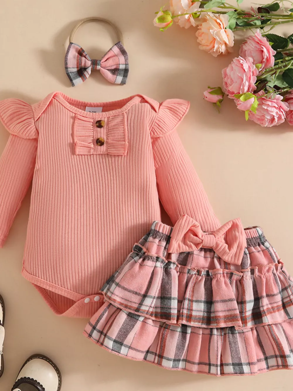 Children's Ruffled Ribbed Bodysuit and Skirt Set with Headband, image 2