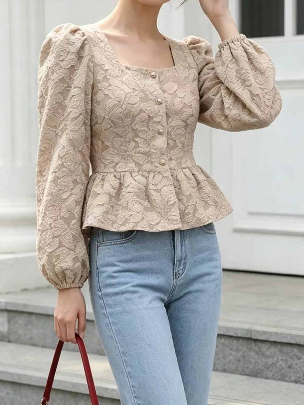 Square Neck Textured Peplum Blouse, image 14