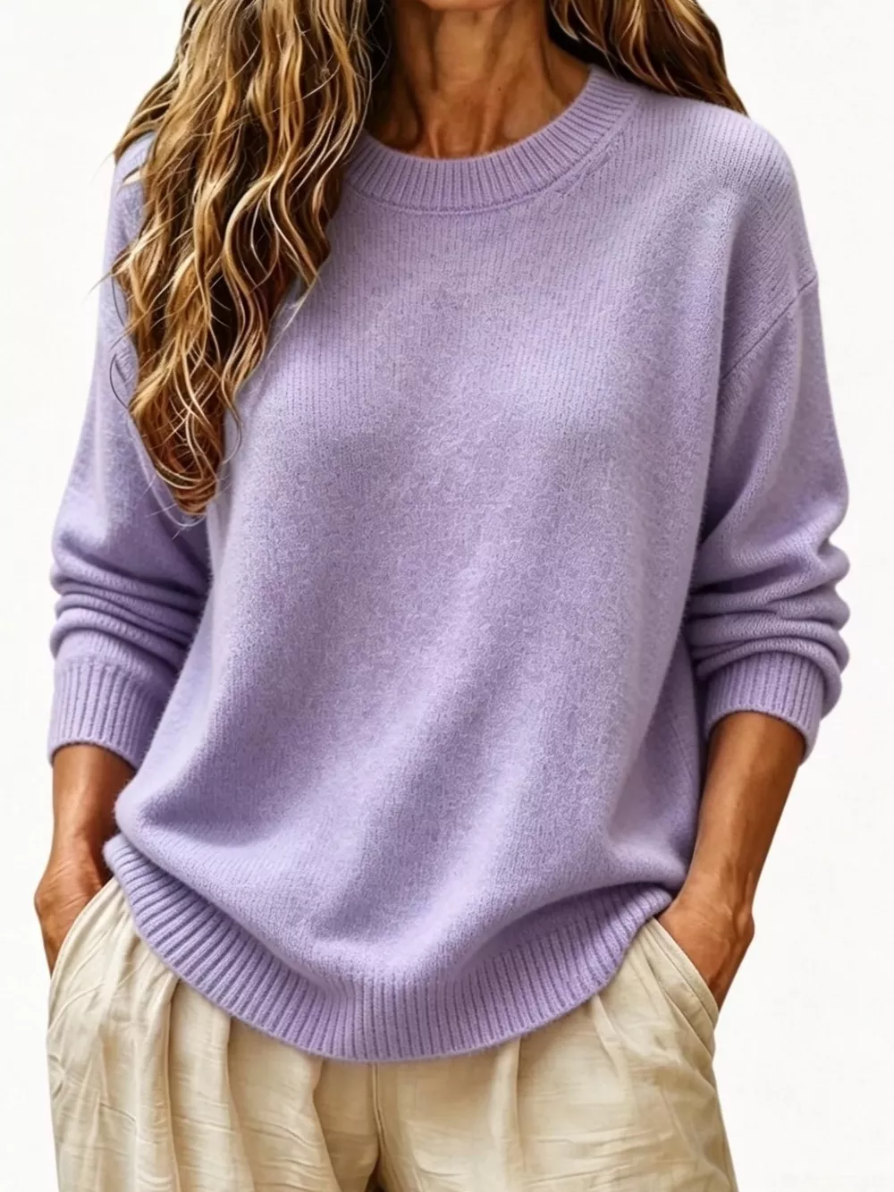 Full Size Round Neck Dropped Shoulder Sweater Plus Size, image 15