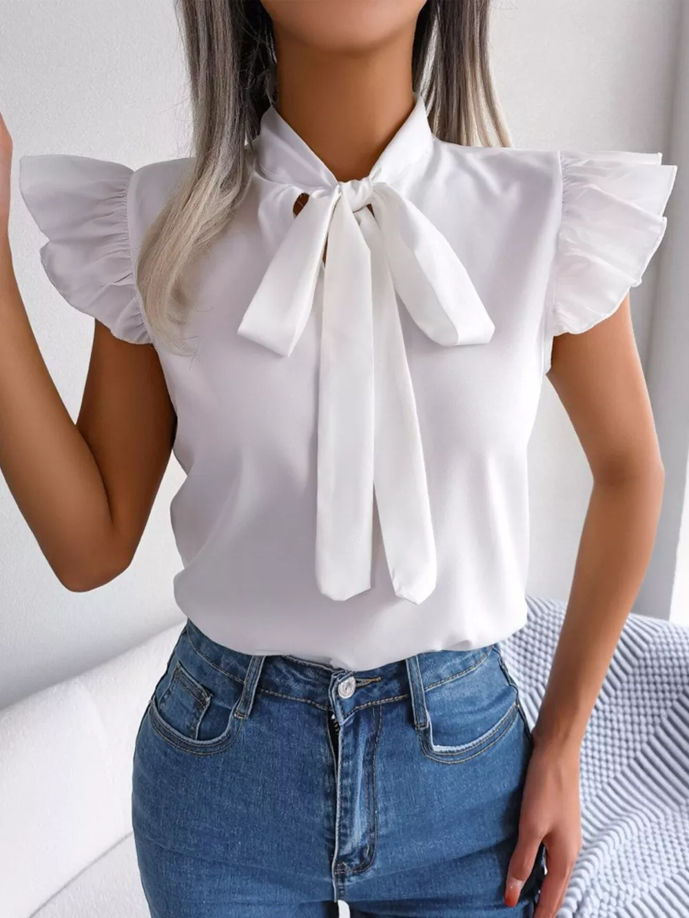 Bow Tie Ruffle Sleeve Blouse, image 8