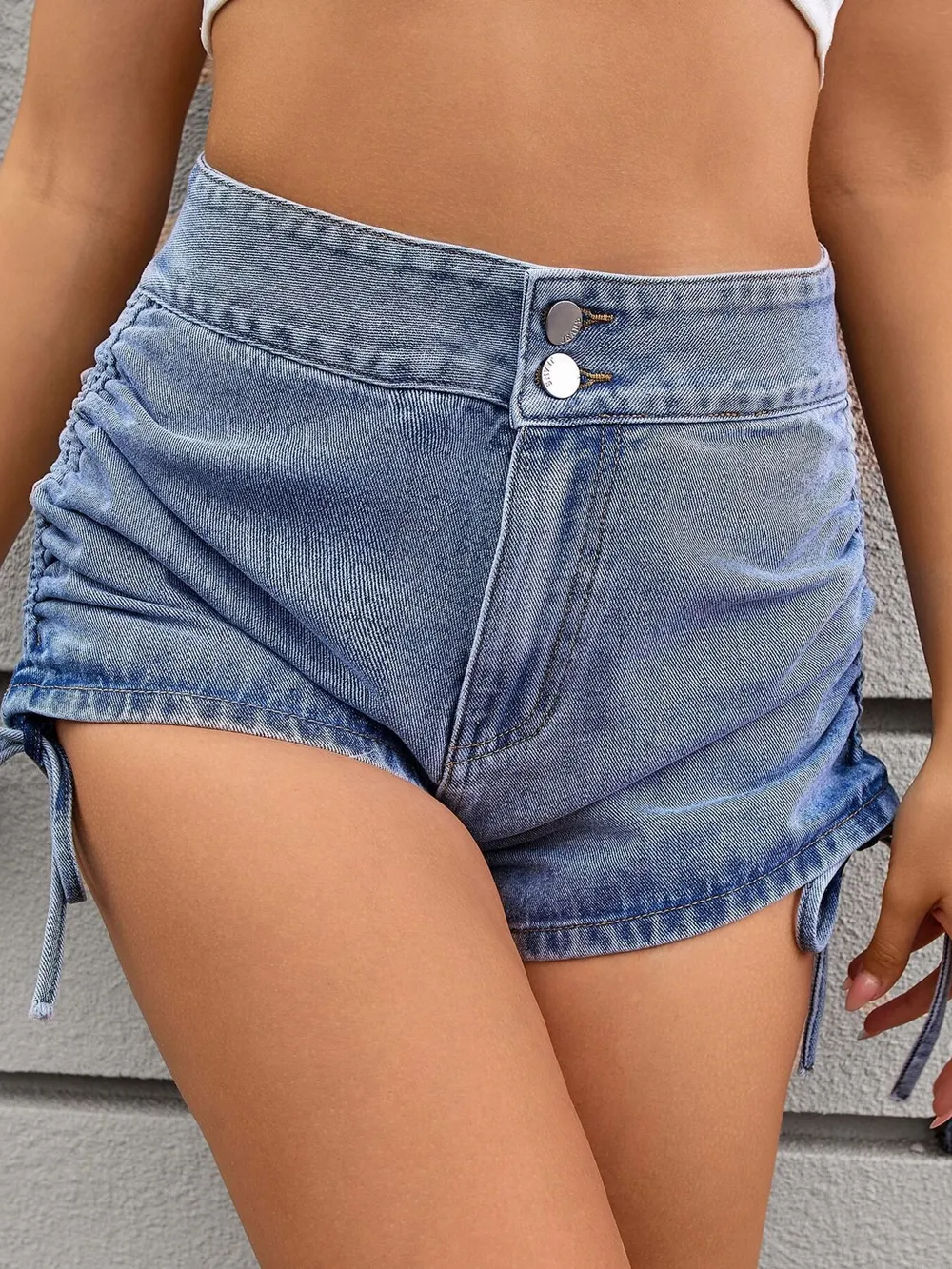 Ruched Side Drawstring Denim Shorts, image 6