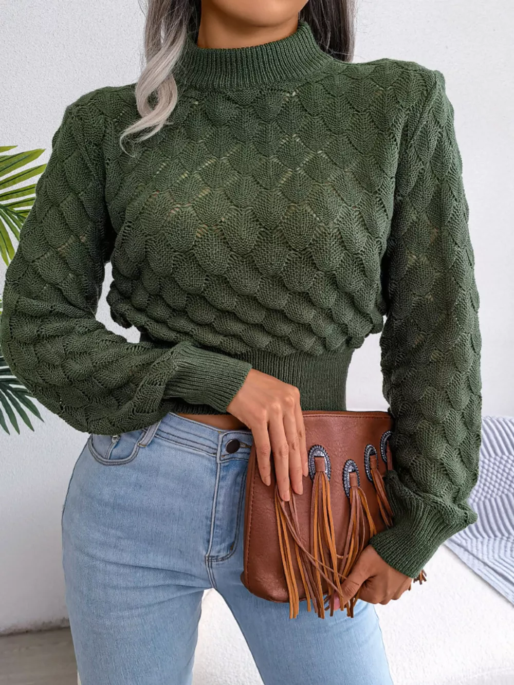 Mock Neck Textured Cropped Sweater, image 15