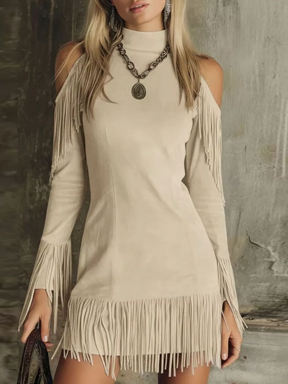 Fringed Cold Shoulder Mini Dress, image 3