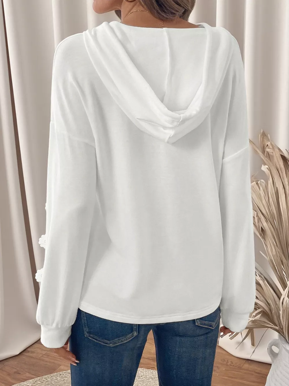Lace Detail Long Sleeve Drawstring Hoodie, image 6