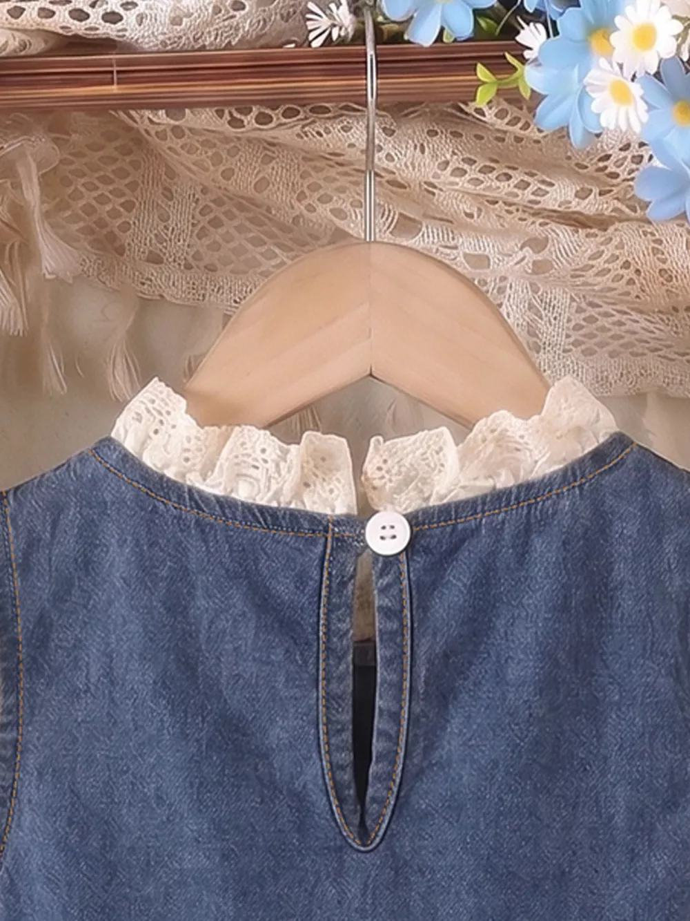 Children's Denim Cherry Applique Dress with Lace Trim, image 5