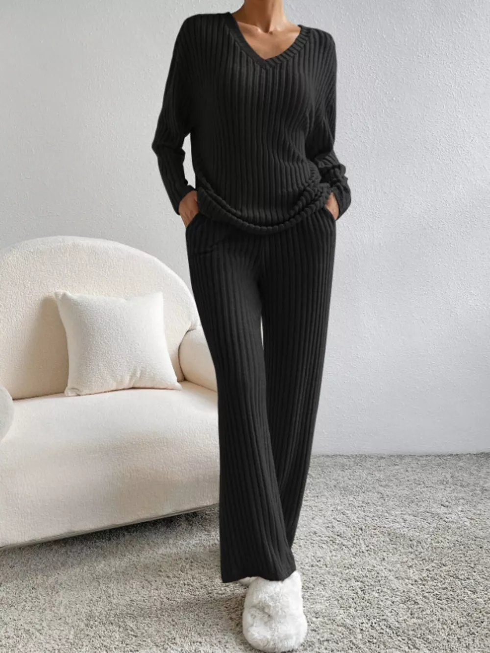 Ribbed Knit Long Sleeve Top and Pants Set, image 14