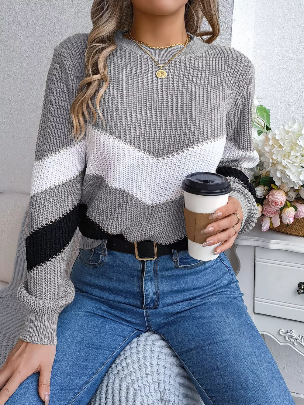 Chevron Stripe Color Block Round Neck Sweater, image 10