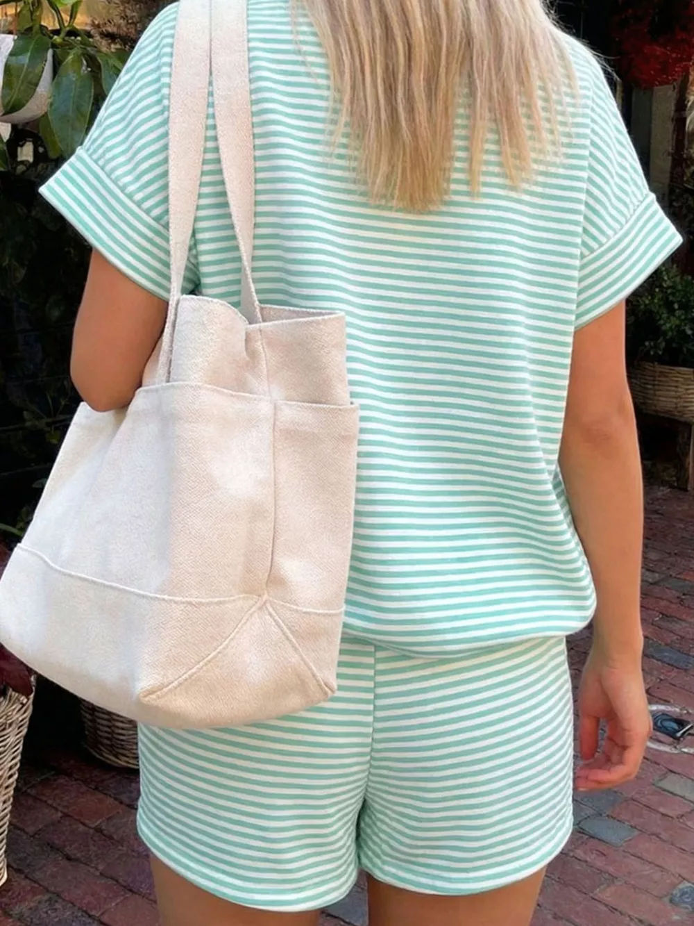 Full Size Striped Round Neck Tee and Shorts Set Plus Size, image 4