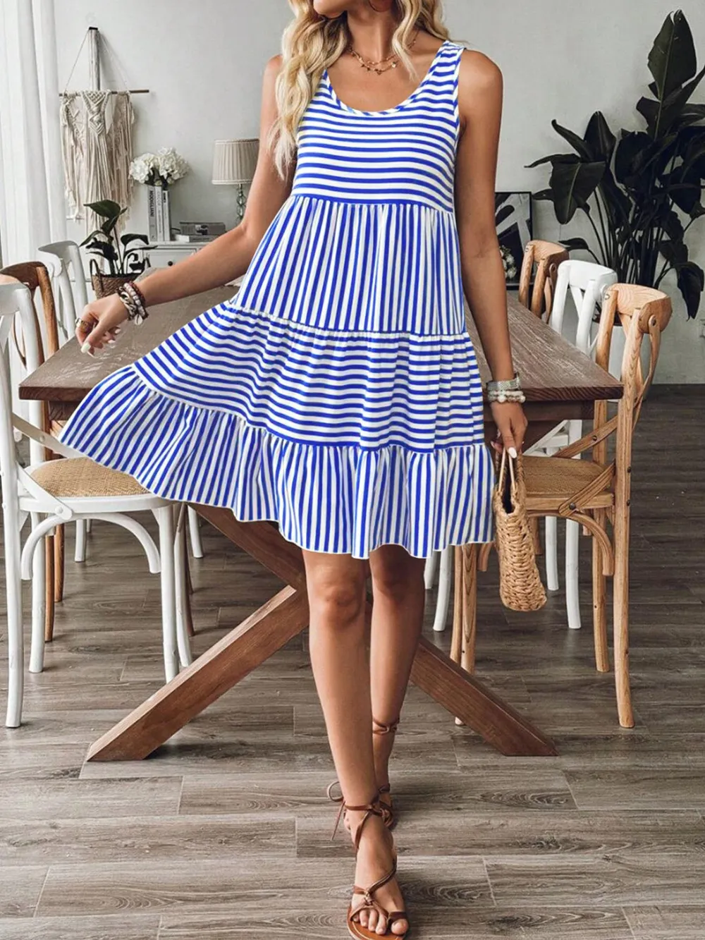 Casual Striped Tiered Ruffle Tank Dress, image 3