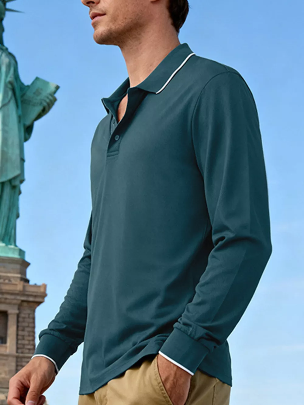 Men's Full Size Classic Long-Sleeve Polo Shirt with Contrast Trim Plus Size, image 3