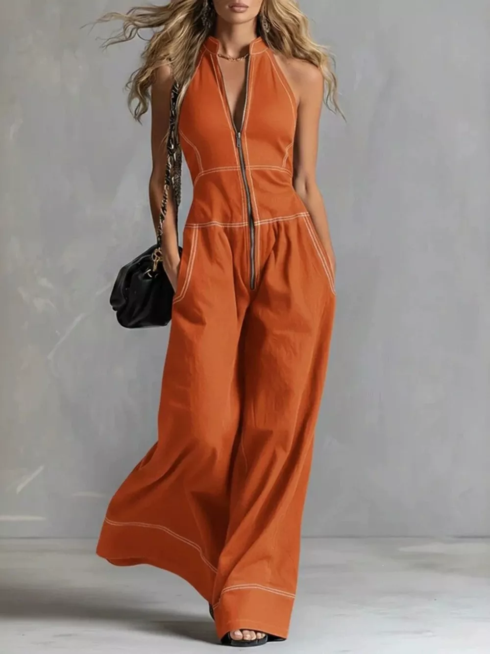 Zip Front Sleeveless Wide Leg Jumpsuit, image 7
