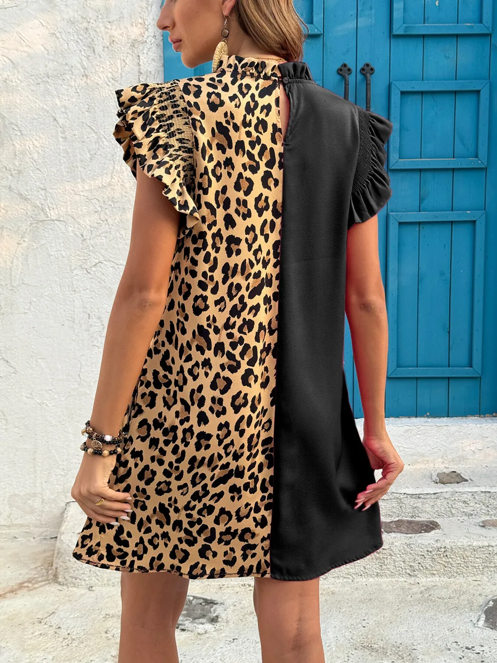 Leopard Color Block Ruffle Sleeve Dress, image 5