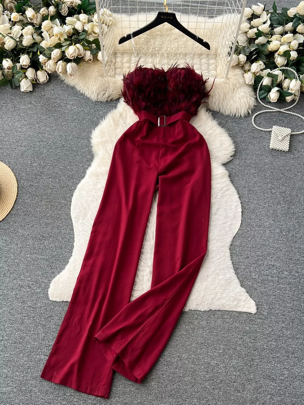 Feather Trim Strapless Wide Leg Jumpsuit, image 2