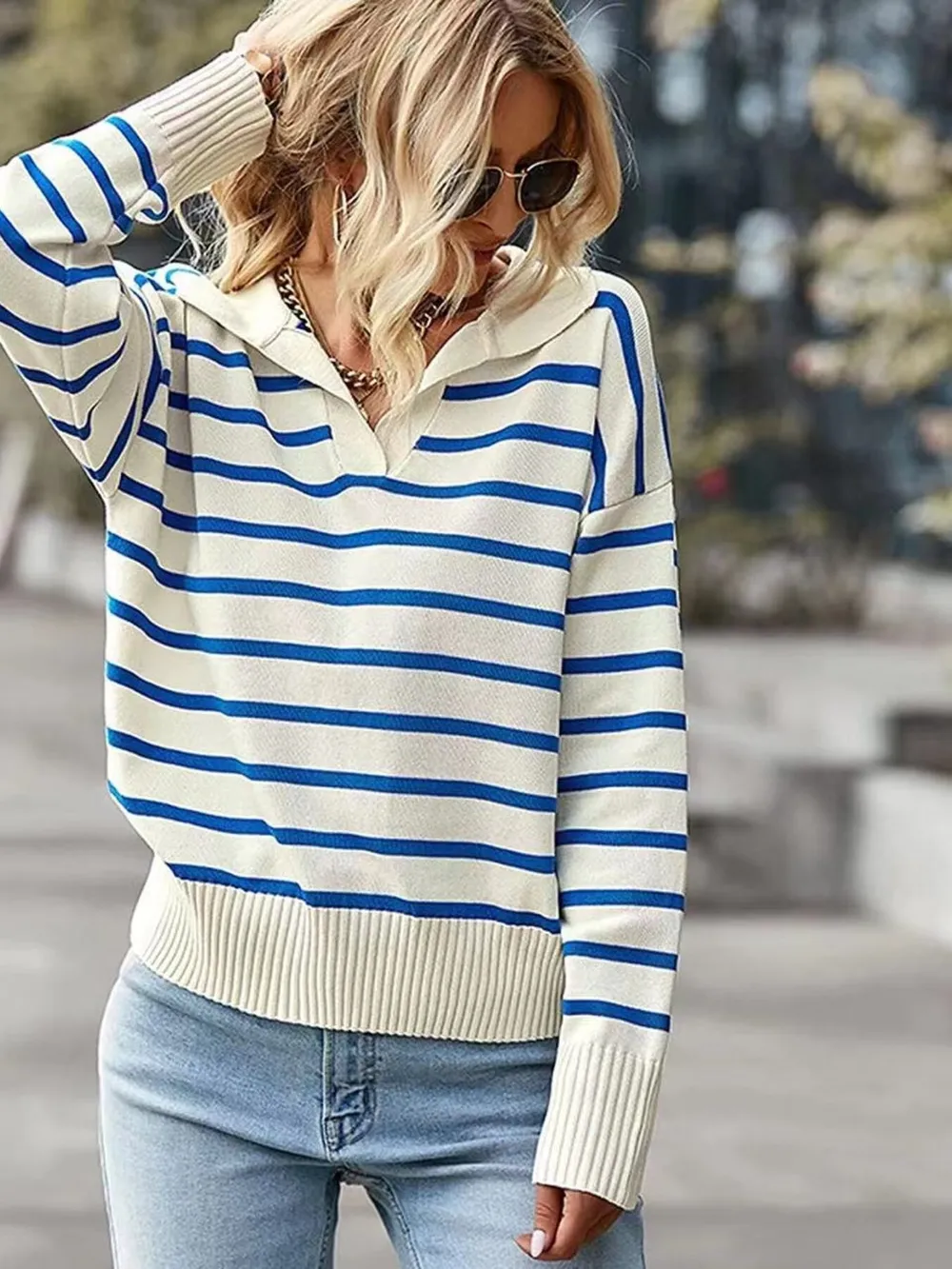Ribbed Hem Long Sleeve Striped Sweater, image 7