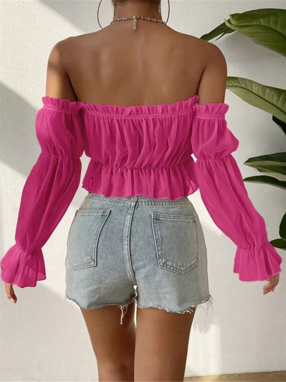 Off-Shoulder Ruffle Trim Sheer Cropped Blouse, image 5