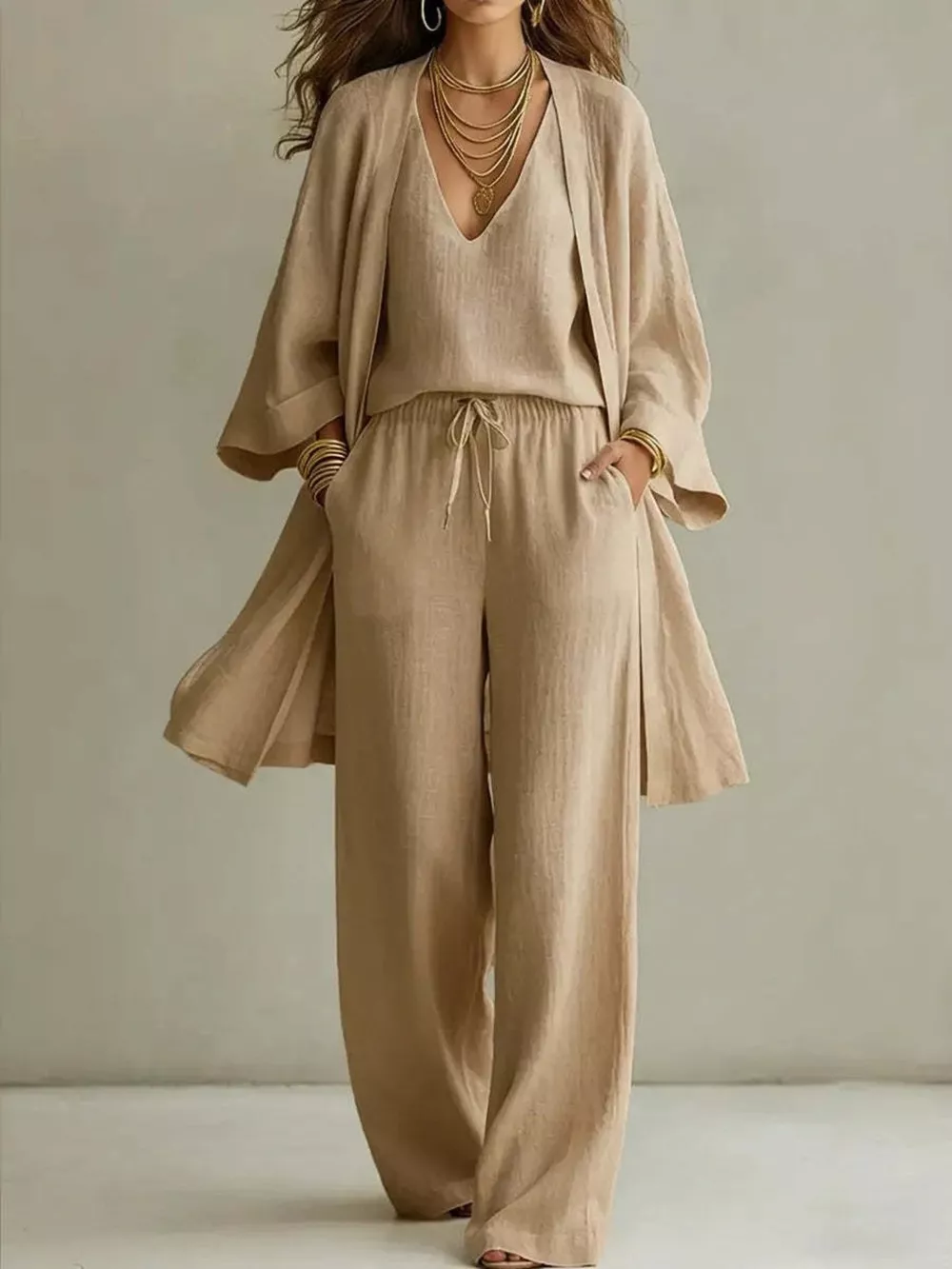 V-Neck Top & Cardigan & Pants Three-Piece Set, image 9