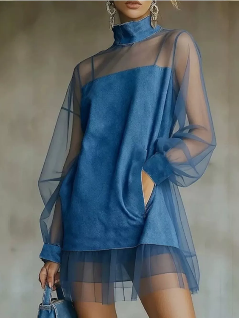 Sheer Mesh Turtleneck Mini Dress