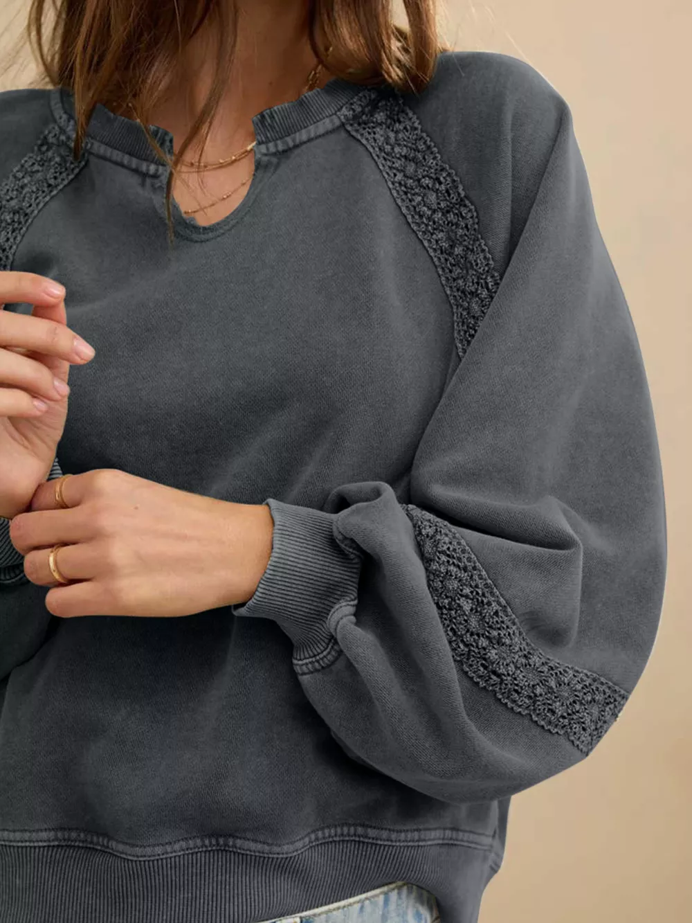 Lace Patchwork Detail Notched Mineral Wash Sweatshirt, image 2