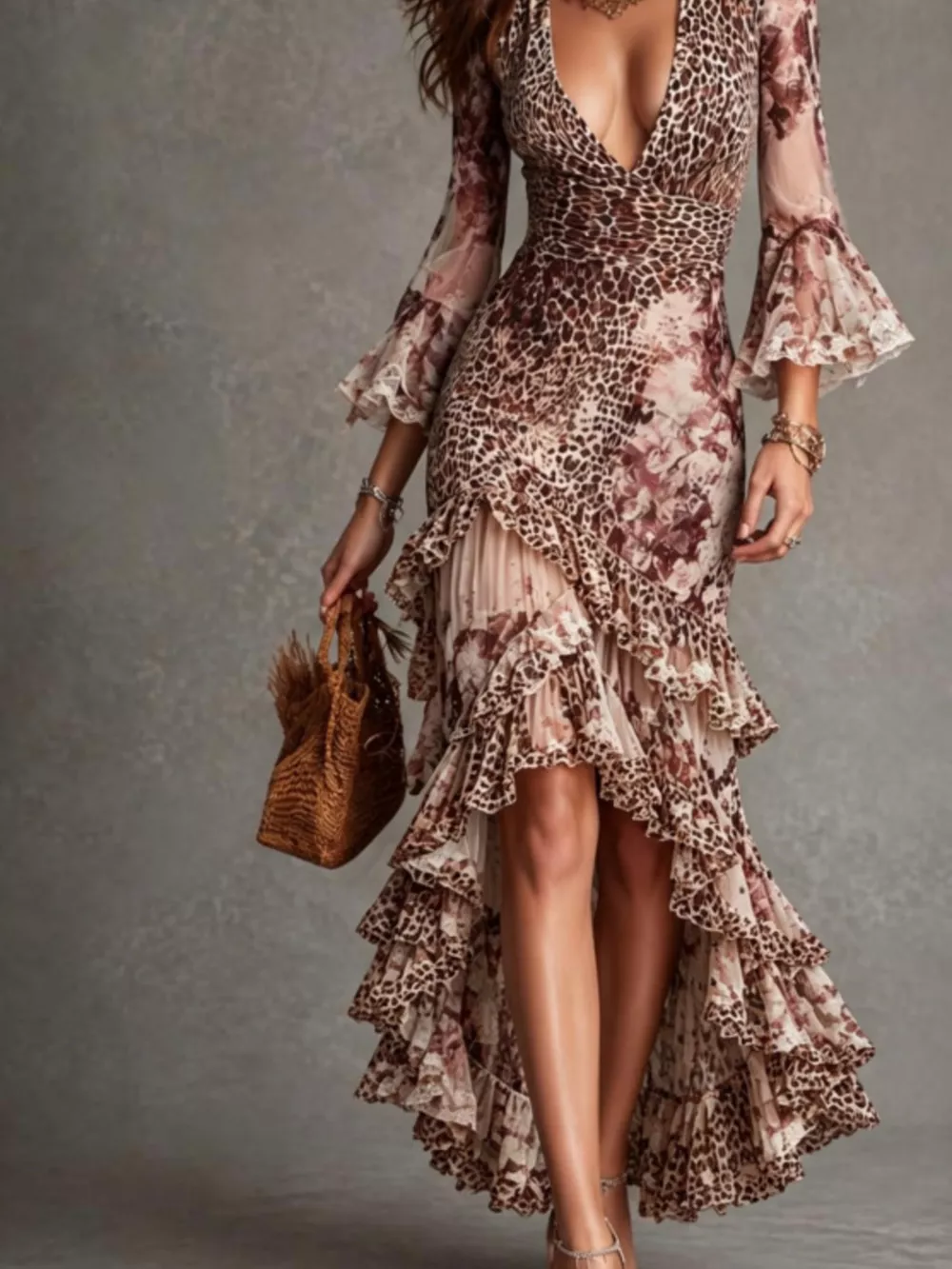 Leopard Print High-Low Ruffle Hem Maxi Dress, image 3