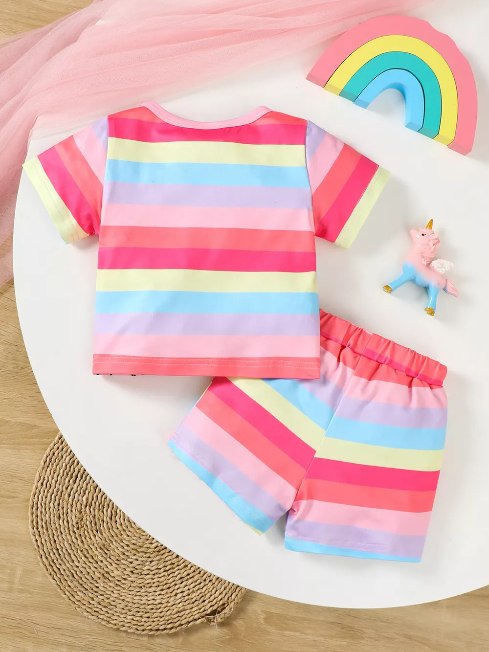 Children's Rainbow Striped Unicorn T-Shirt and Shorts Set, image 5