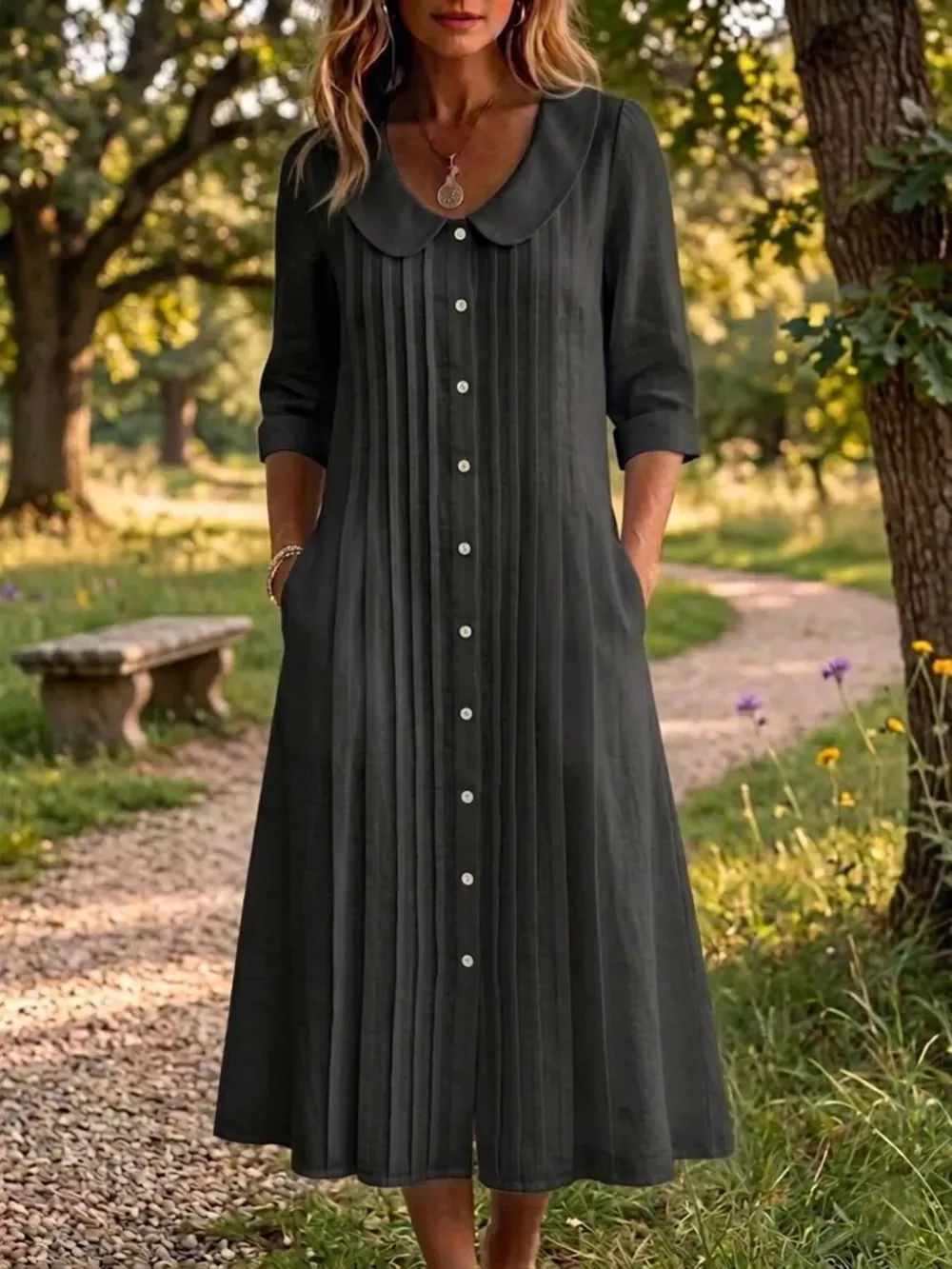 Full Size Peter Pan Collar Button Down Dress Plus Size, image 9