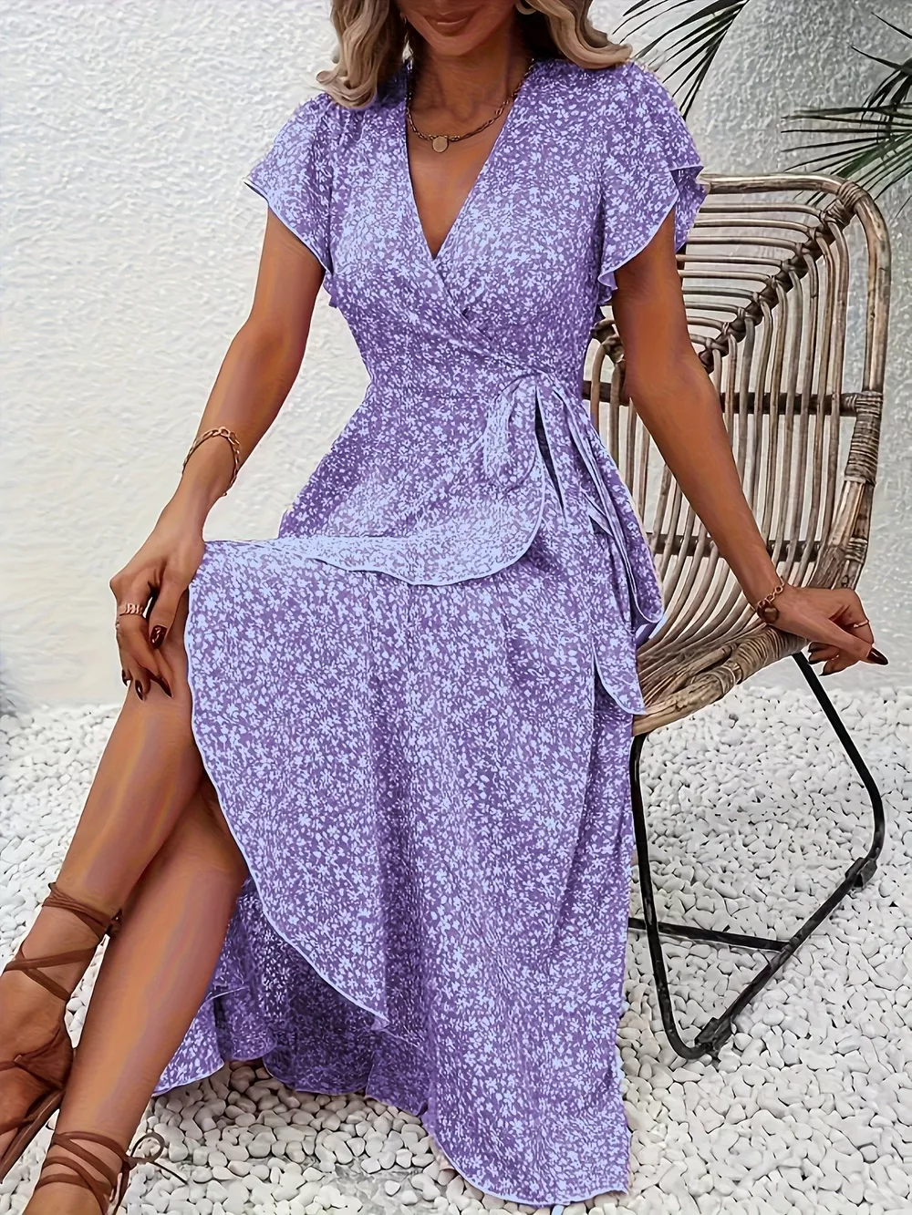 Floral Print Ruffle Hem Wrap Midi Dress, image 7