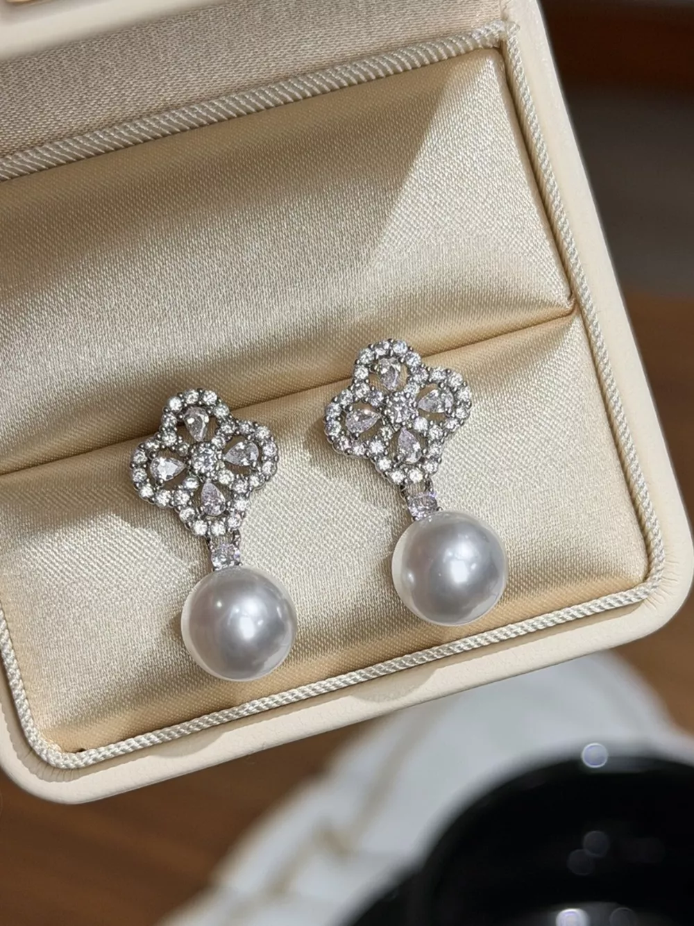 Zircon Four Leaf Clover Pearl Drop Earrings, image 5