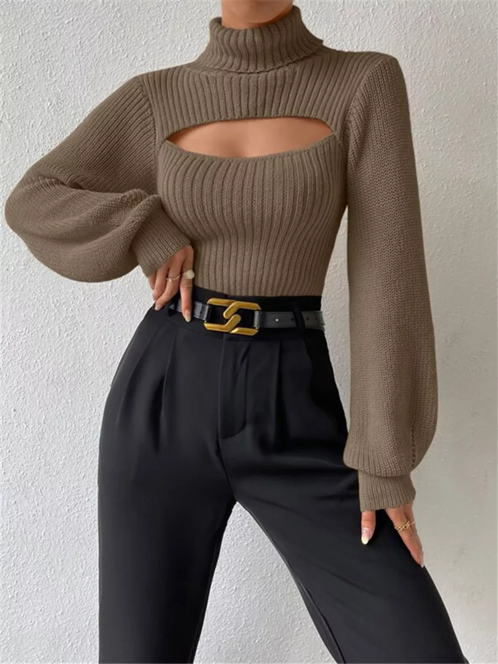 Cutout Front Turtleneck Long Sleeve Sweater, image 6