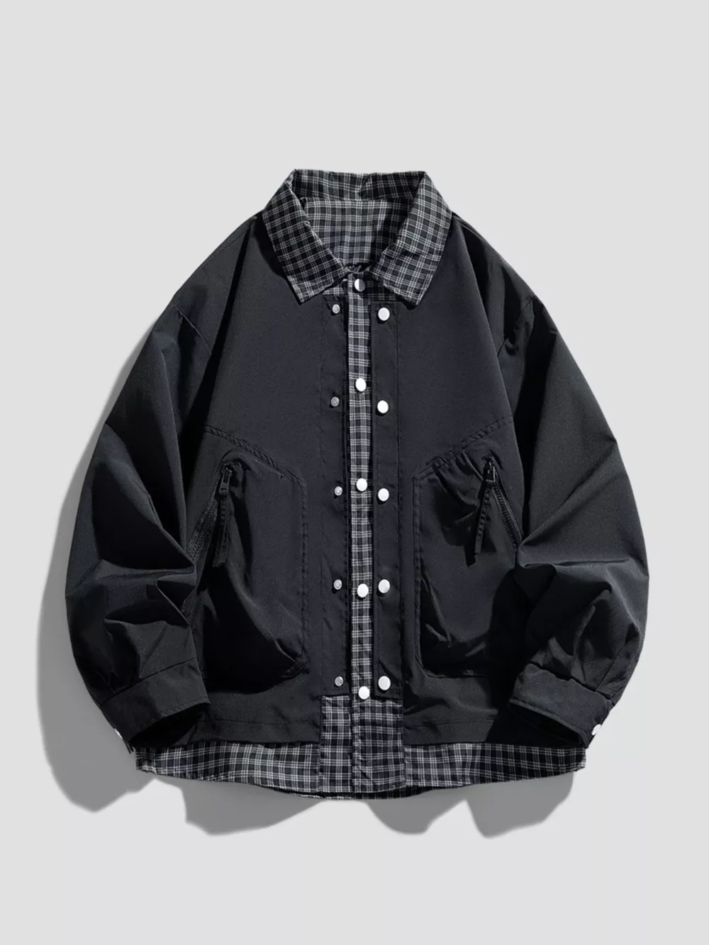 Men's Plus Size Plaid Trim Snap Down Casual Jacket, image 4