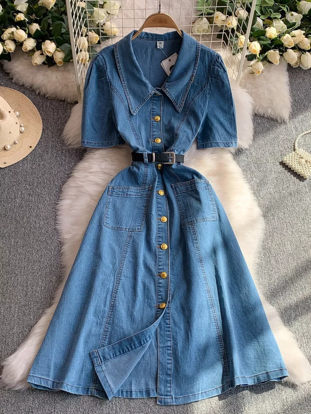 Button Front Short Sleeve Denim Dress, image 6