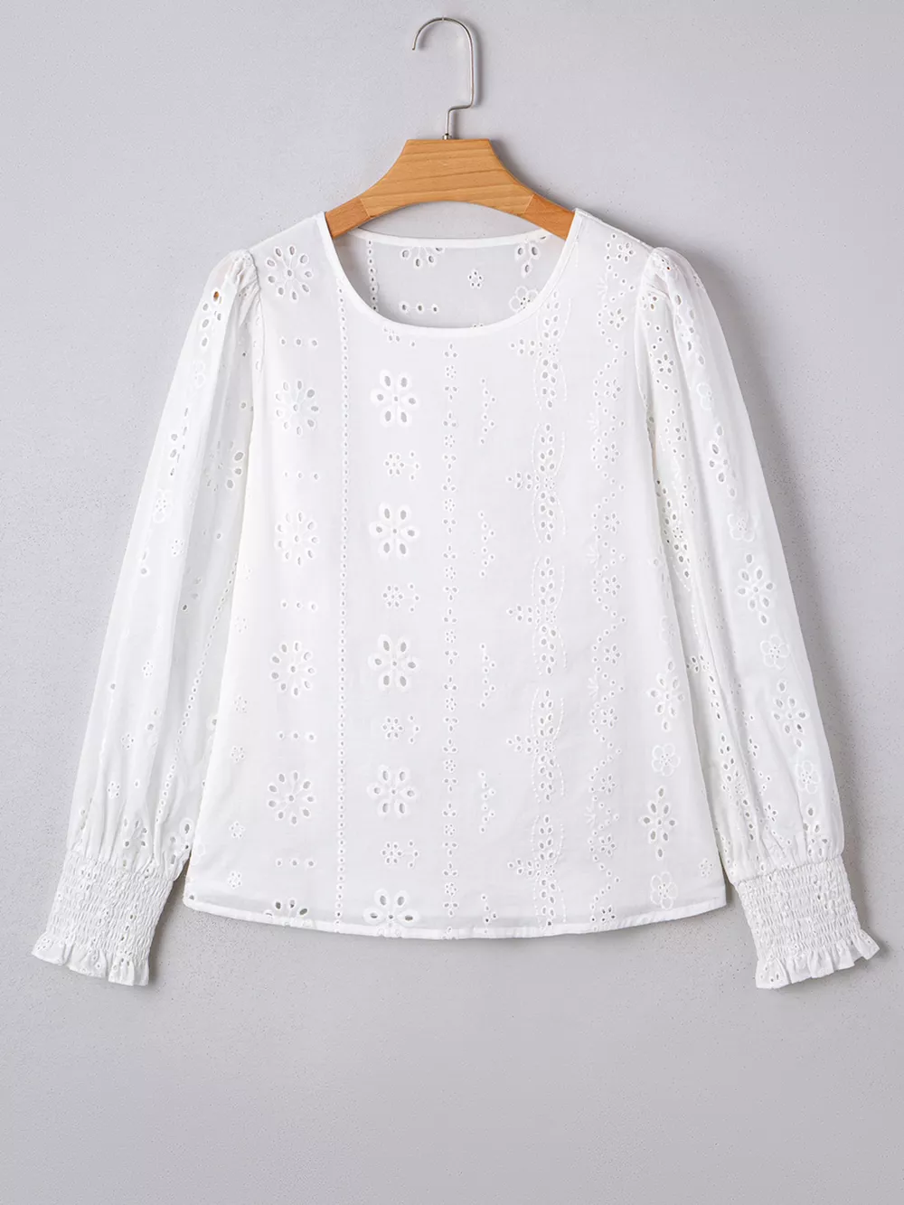Eyelet Embroidered Smocked Cuff Sheer Blouse, image 6