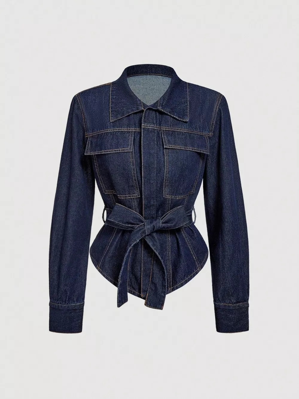 Tie Waist Long Sleeve Denim Jacket