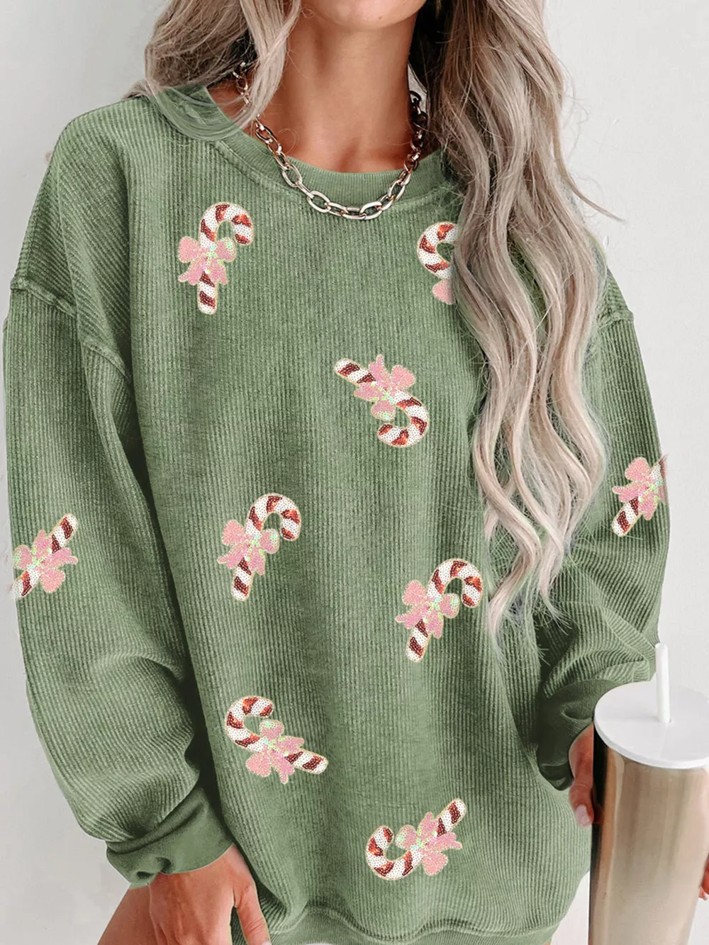 Christmas Sequin Candy Cane Patched Corded Ribbed Baggy Sweatshirt, image 3