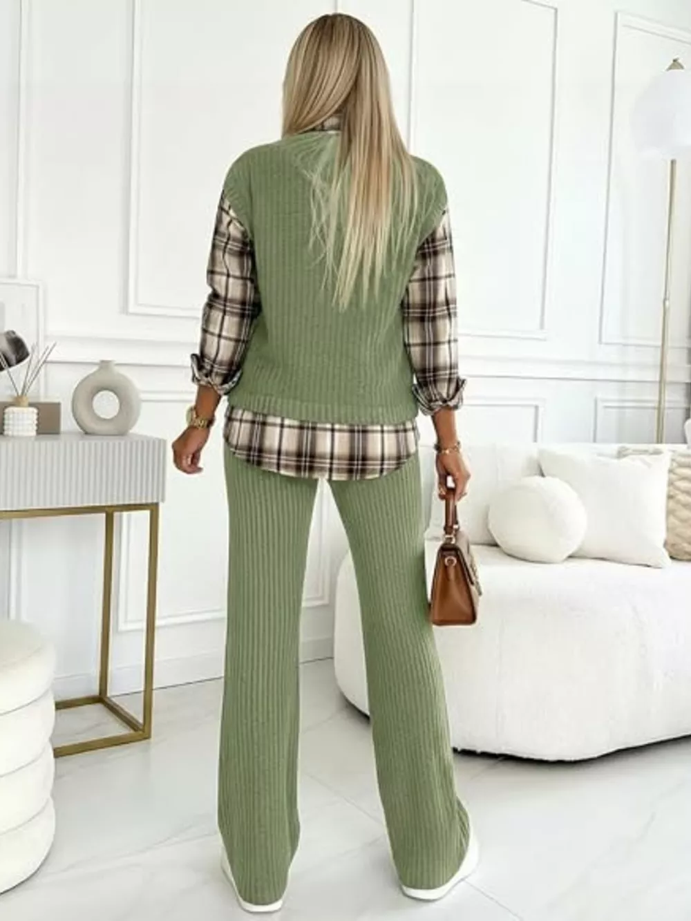 Ribbed Knit Plaid Sleeve Top & Pants Set, image 15