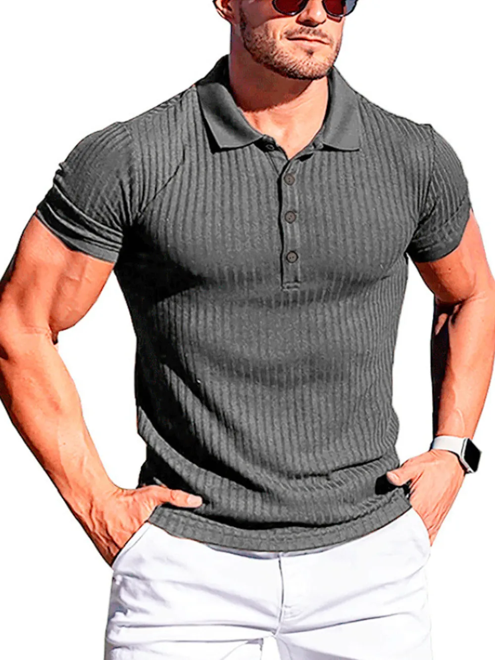 Men's Full Size Ribbed Button Detail Short Sleeve Polo Plus Size, image 6