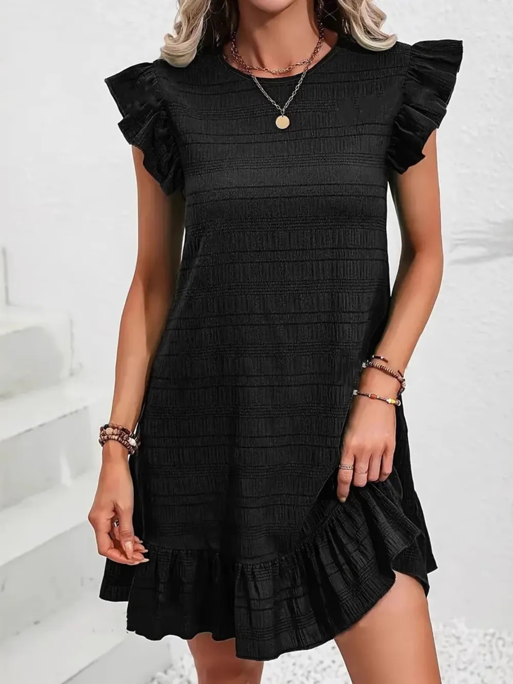 Plus Size Ruffle Hen Cap Sleeve Mini Dress, image 3
