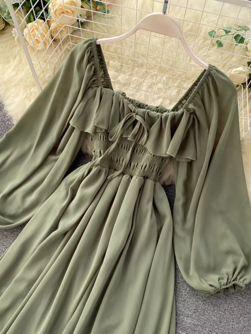 Ruffle Square Neck Balloon Sleeve A-Line Dress, image 16