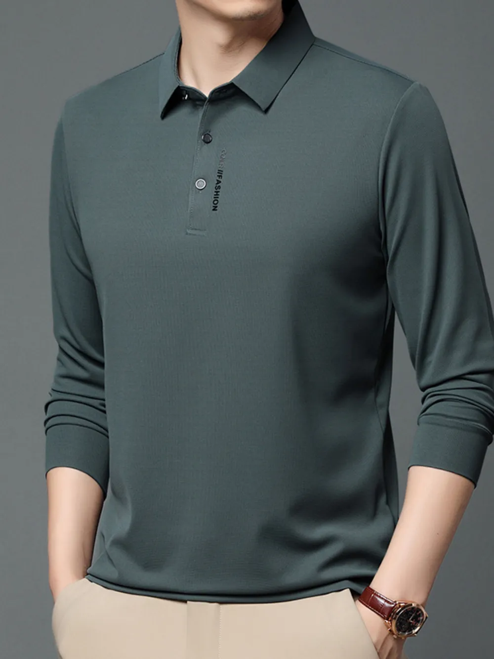 Men's Plus Size Long Sleeve Polo with Classic Collar