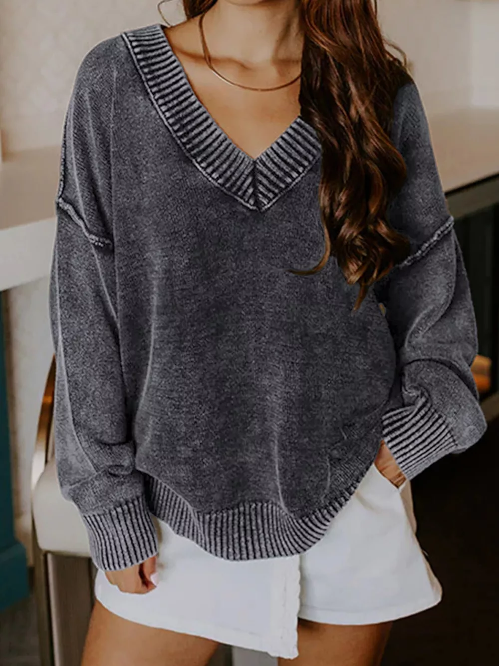 Wash V-Neck Long Sleeve Sweater, image 4