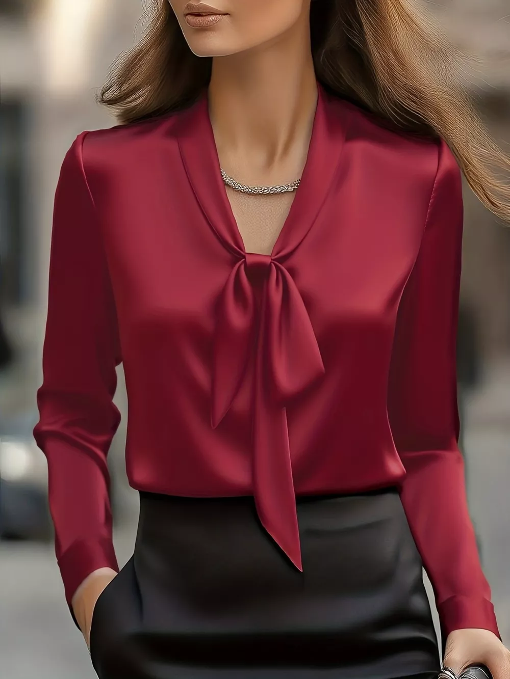 Satin Tie Front Long Sleeve Blouse, image 4