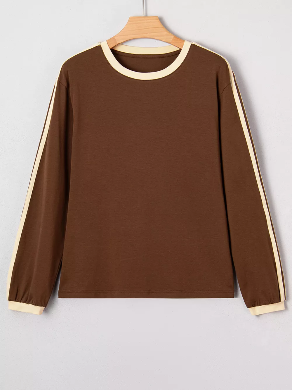 Striped Accent Contrast Crew Neck Long Sleeve T Shirt, image 4